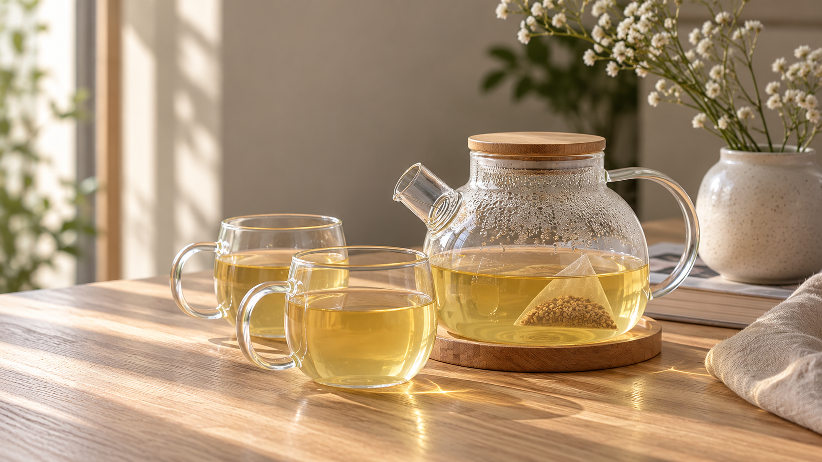 Glass teapot and cups of buckwheat tea on a wooden table